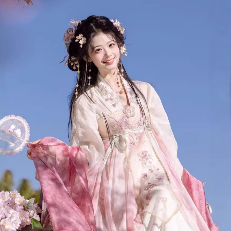 Original Hanfu Tencel Top with Cherry Blossom Embroidery, Modified High-Waist Skirt, Detachable Large-Sleeve Shirt, Daily Style