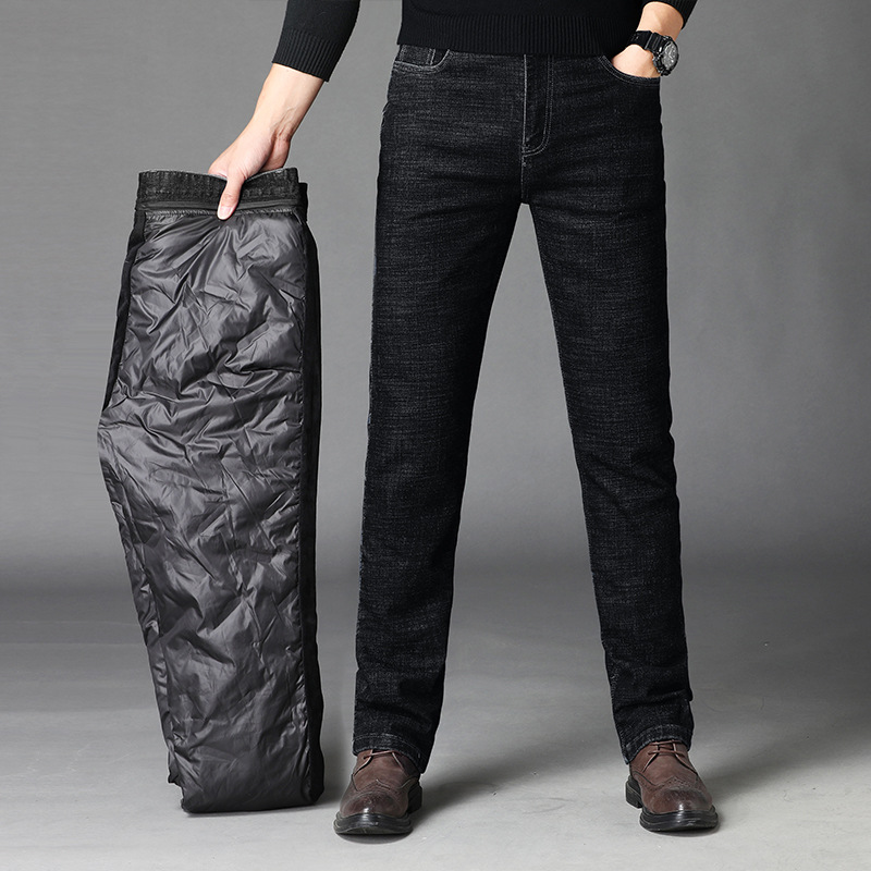 High-end men's denim down pants for autumn and winter, mid-length, warm, slim-fit, thick, and suitable for outerwear.