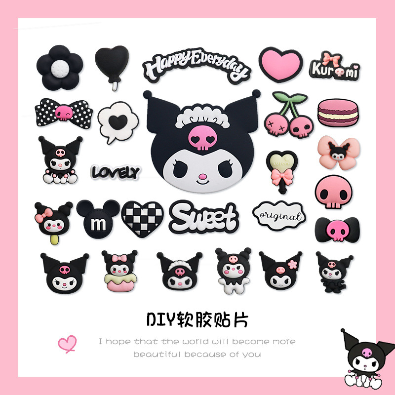 Zapatillas de marca de dibujos animados negros Kulomi accesorios DIY caso de teléfono PIAD conjunto de clipes de cabello decoración de PVC adhesivo suave