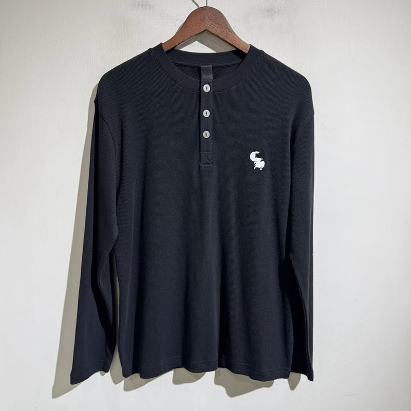 American Street Style 25Aw Letter Embroidered Henry Collar Long-Sleeved T-Shirt Waffle Retro Casual Button-Down Shirt Trendy