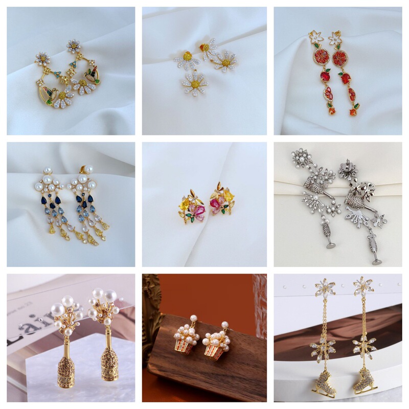 [Special Big Sale] Diamond European and American Jewelry Daisy Hummingbird Cloud Flower Champagne Bag Tennis Racket Stud Earrings