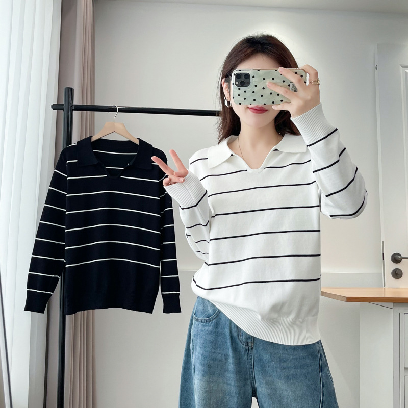 Plus Size Women's Loose-fitting, Relaxed Style Striped Collared Knit Sweater, Autumn Versatile Casual Pullover Knit Sweater 709665