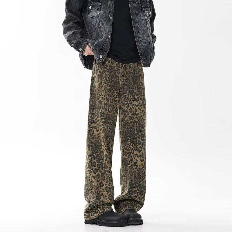 in stock ECH Vintage Fashionable Street-Style Cotton Micro-La Middle-Low Waist Stretched Washed Leopard Print Jeans Casual Pants