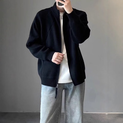 Cleanfit黒ニットカーディガンコート男性秋冬高級感怠惰風韓系立襟ファスナーセーター