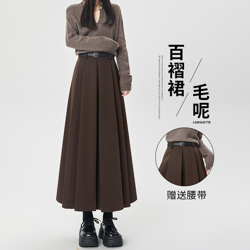 Brown Woolen Skirt for Women Autum 2025 New High-End Draped Umbrella Skirt High Waist A-Line Long Pleated Skirt Brown Woolen Skirt for Women Autum 2025 New High-End Draped Umbrella Skirt High Waist A-Line Long Pleated Skirt