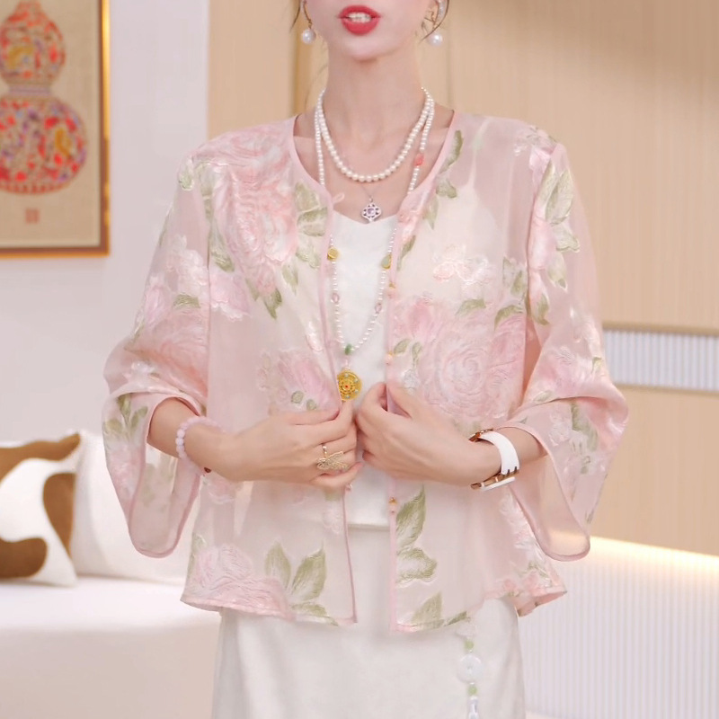 绝美新中式国风外套女夏季桑蚕丝薄款防晒开衫重工刺绣欧根纱上衣|undefined