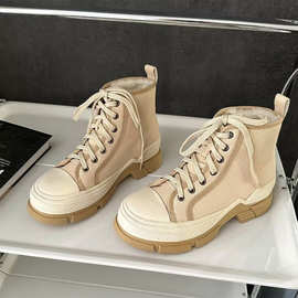 牛仔布女鞋2023年冬季新款 英伦风时尚厚底前系带 中帮帆布鞋