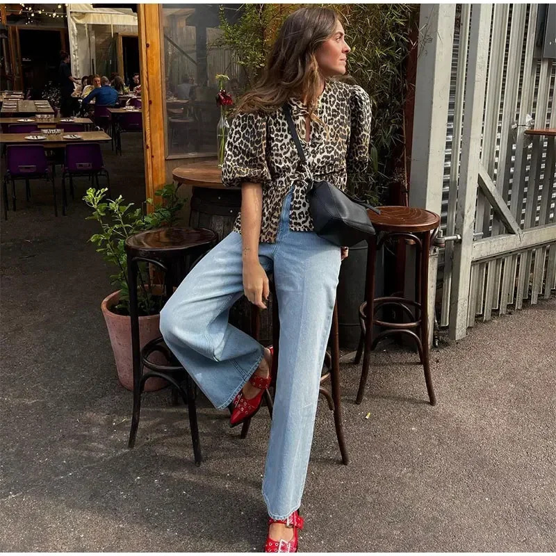 2024 European and American Cross-border Women's Spring Women's Shirt Sexy Spice Girl Solid Color Puffy Sleeve Leopard Print Lace-up Blouse