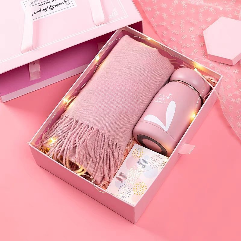 Pink scarf + 304 thermos cup + rabbit + brooch