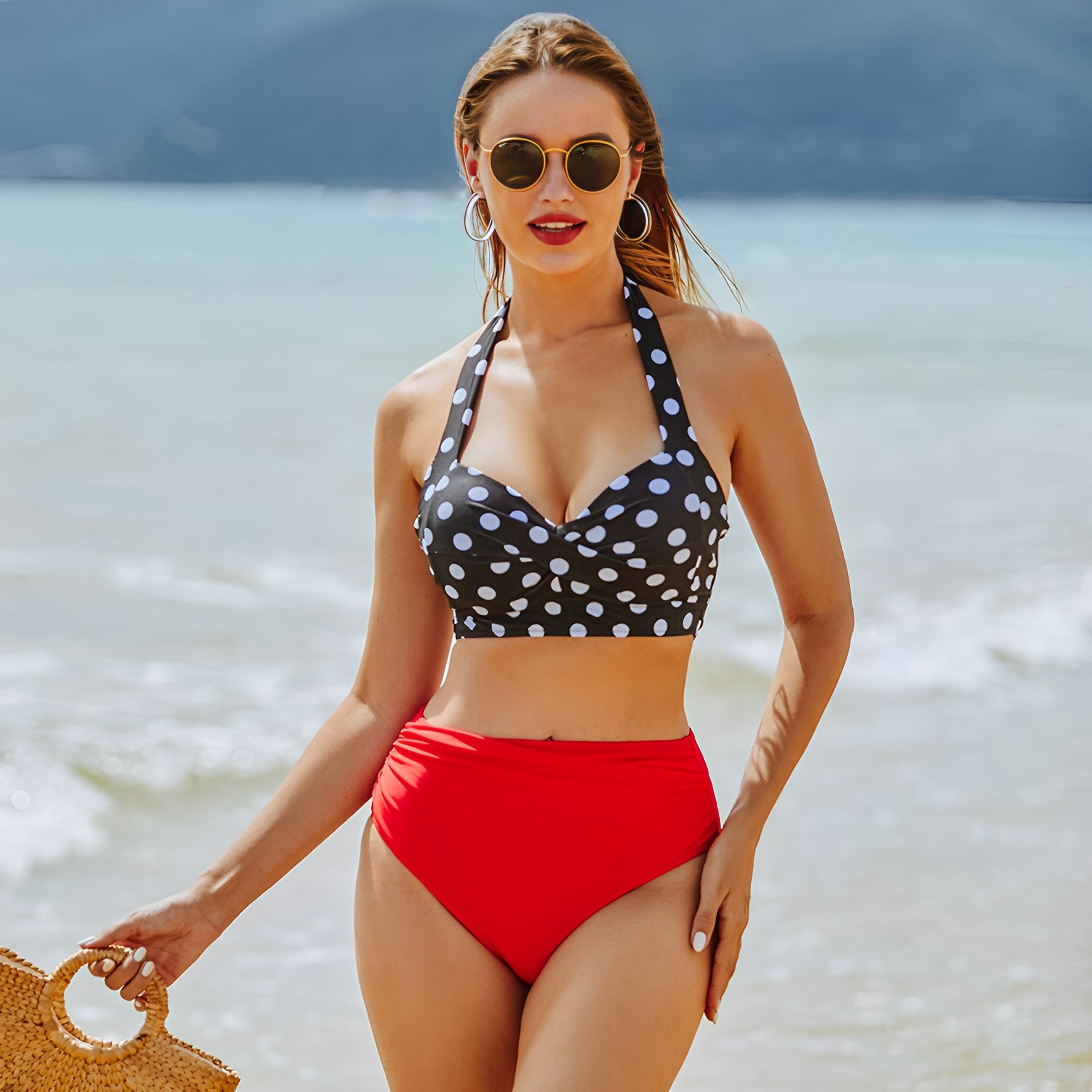 Traje de baño europeo y americano de dos piezas para mujer, de cintura alta, fruncido, con lazo en la cintura, estampado de lunares, bikini multicolor, alta elasticidad.