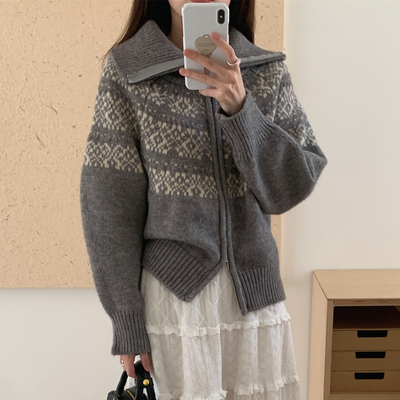 法式费尔岛提花毛衣女撞色春秋2025新款厚实开衫宽松显瘦软糯上衣|undefined