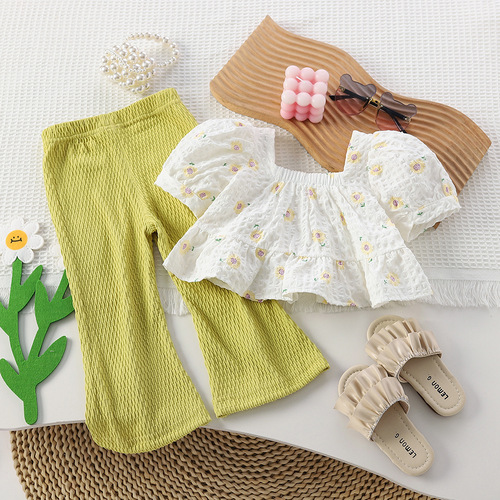 Korean Children's Summer  New Girl's Set Fashion Lace Top and Belted Wide Leg Pants Set