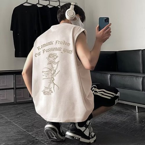 Men's American-style vest summer suede rose trend brand high street sports large size shoulderless shirt cool and handsome sleeveless men's t-shirt 