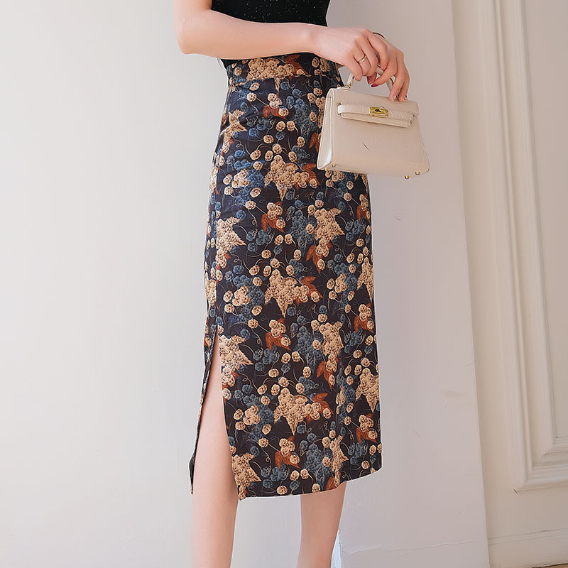 Acetate Satin Floral Hip Skirt High Waist Silks and Satins Sexy Slit Straight Long Skirt Cheongsam Skirt One Piece Drop Shipping