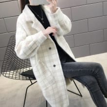 2024春秋新款毛呢绒格子大衣女中长款慵懒显瘦毛衣加厚仿貂绒外套