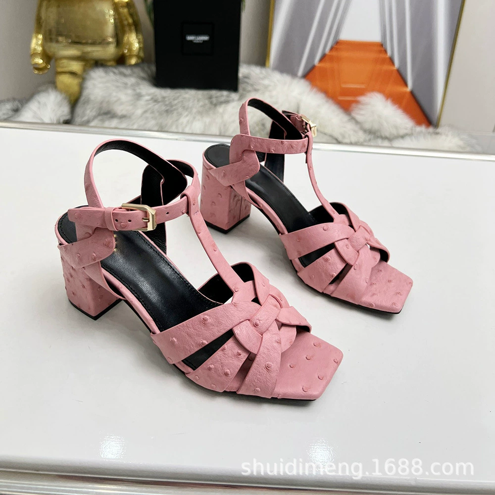 [Sandals Slides 2025高跟女凉鞋粗跟YS字母L方头鸵鸟纹大码高品质]