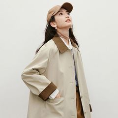 日系卡其风衣秋2025新款女装巴恩松弛感显瘦撞色翻领中长外套