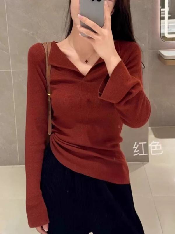 纯色V领正肩针织衫女内搭秋冬长袖毛衣打底衫设计感小衫绝美上衣|undefined