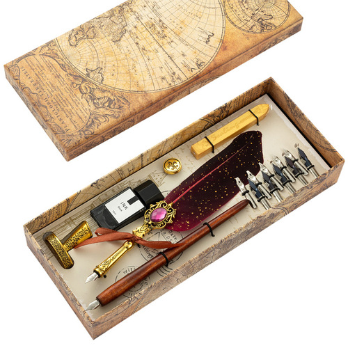 European style dipped quill pen set retro striped feather gift pen fire paint seal business gift box quill pen