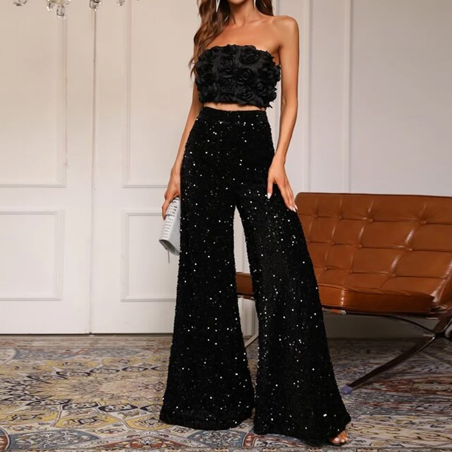 Women's Party Street Fashion Solid Color Full Length Sequins Wide Leg Pants display picture 11