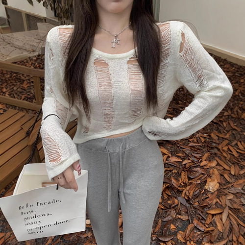 Ladies' Summer 2025 Stylish Sheer Mesh Belted Knit Top with Sun Protection, Slim Fit Short Sleeve Blouse