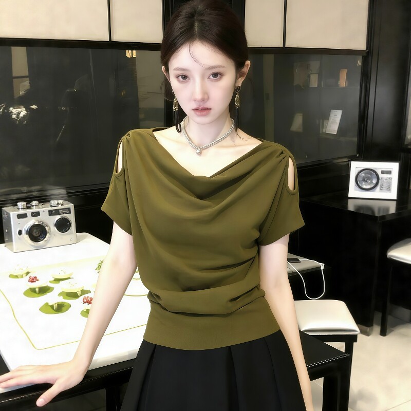 Áo thun nữ tay ngắn cổ swing hở vai phong cách thời trang — xanh lá cây chi tiết 3