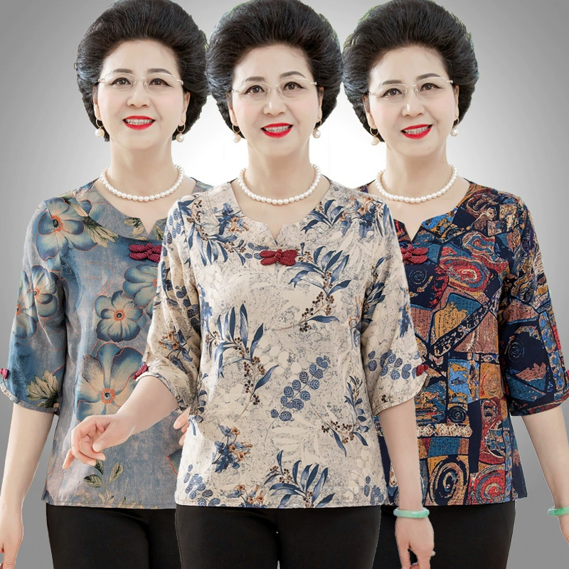 Женская хлопково-шелковая летняя футболка среднего и пожилого возраста с рукавами средней длины, тонкий топ из искусственного хлопка и хлопкового шелка для бабушки.