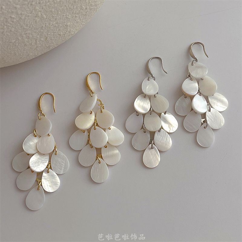 Lazy and Elegant Design, Water Drop Shell Splicing Earrings, Holiday Style Long Exaggerated Tassel Earrings, Ear Studs, Ear Accessories