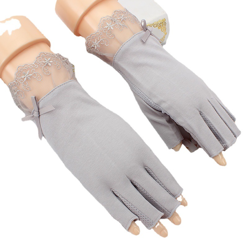 Verano medio dedo protección solar guantes mujeres delgadas ciclismo protección solar protección UV conducción encaje dedo abierto al por mayor