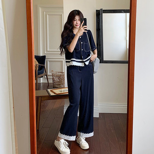 Plus-Size Summer Cool Denim Set for Chubby Girls, Slimming Short-Sleeve Top and Wide-Leg Pants Two-Piece Set