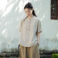 女性用の高級リネン半袖Tシャツ、シンプルな無地のプルオーバーシャツ、レトロな禅風の綿と麻の無地のトップス
