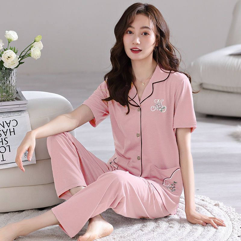 Pajamas de algodón para mujeres verano delgado pantalones de manga corta 2023 nuevo cardigán de verano conjunto de ropa para el hogar