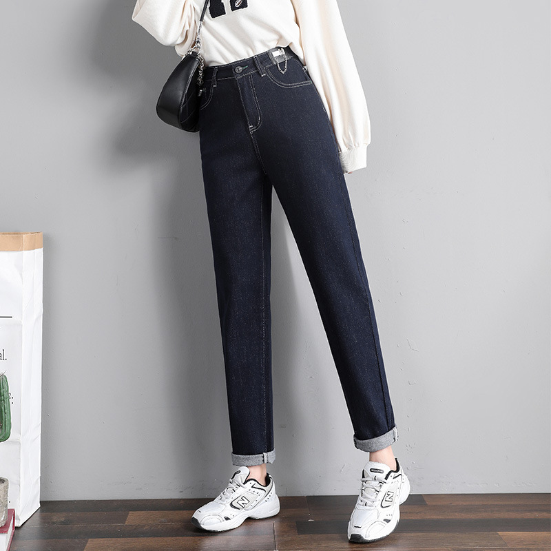 Jeans female 2021 autumn Korean version of the new super soft high waist significant aging dark blue does not fall color pants