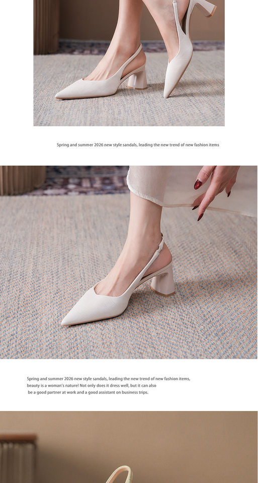Sandal cao gót nữ mũi nhọn hở gót gót thô vân cá sấu, gót 6–8 cm — Màu hồng nhạt, Màu vàng nhạt, màu đen chi tiết 8