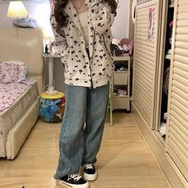 花卉印花拉链连帽卫衣男女2025新款春秋季潮流休闲宽松帽衫外套潮