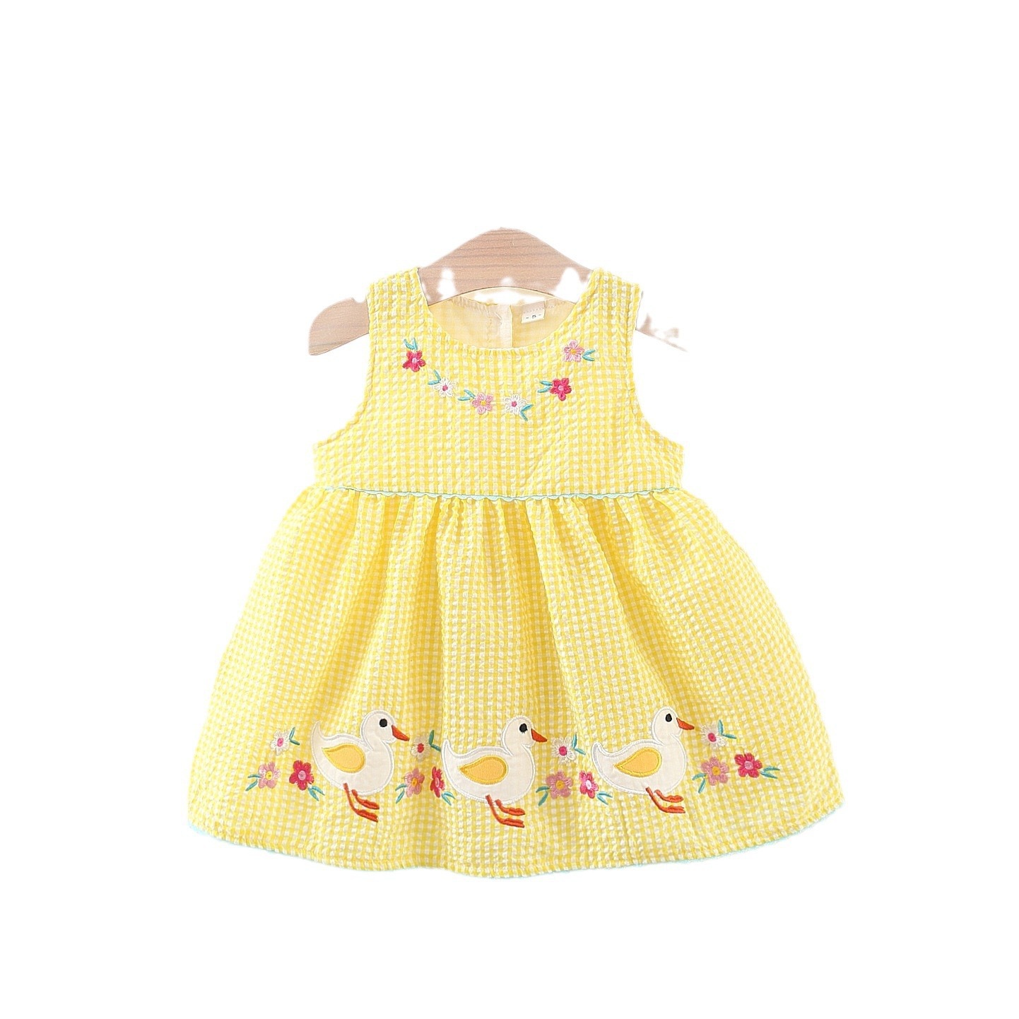 Vestido de niña estilo coreano verano lleno de dibujos animados a cuadros pato bordado chaleco falda estilo occidental princesa