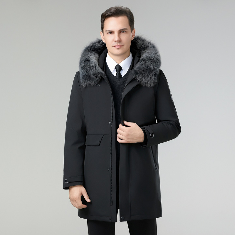 Genuine Brand High-End Men's Mid-Length down Jacket 2025 with Fox Fur Collar, Thick Parka, White Duck down Coat