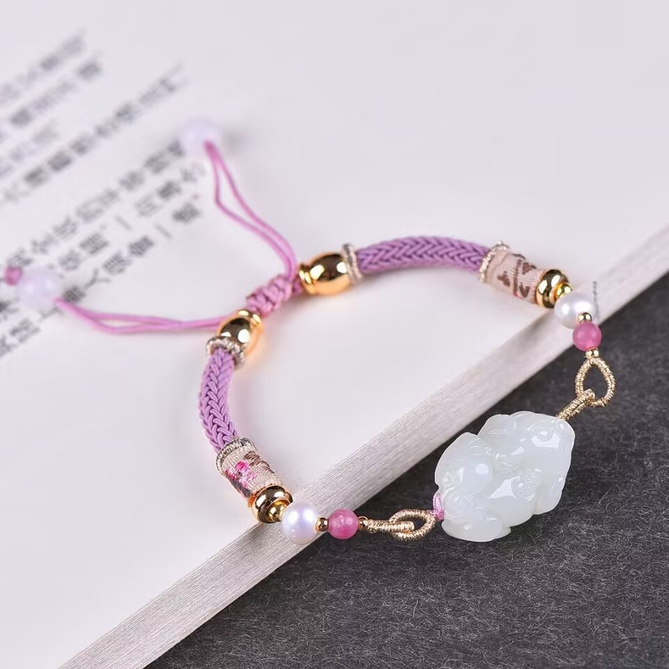 Organic ethnic woven bracelet white jade handmade