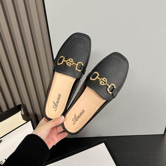 2024 New Lazy Shoes Summer Fashion Outer Wear Retro Small Gold Buckle PVC Slip-on Inner Heightening Half Slippers Women