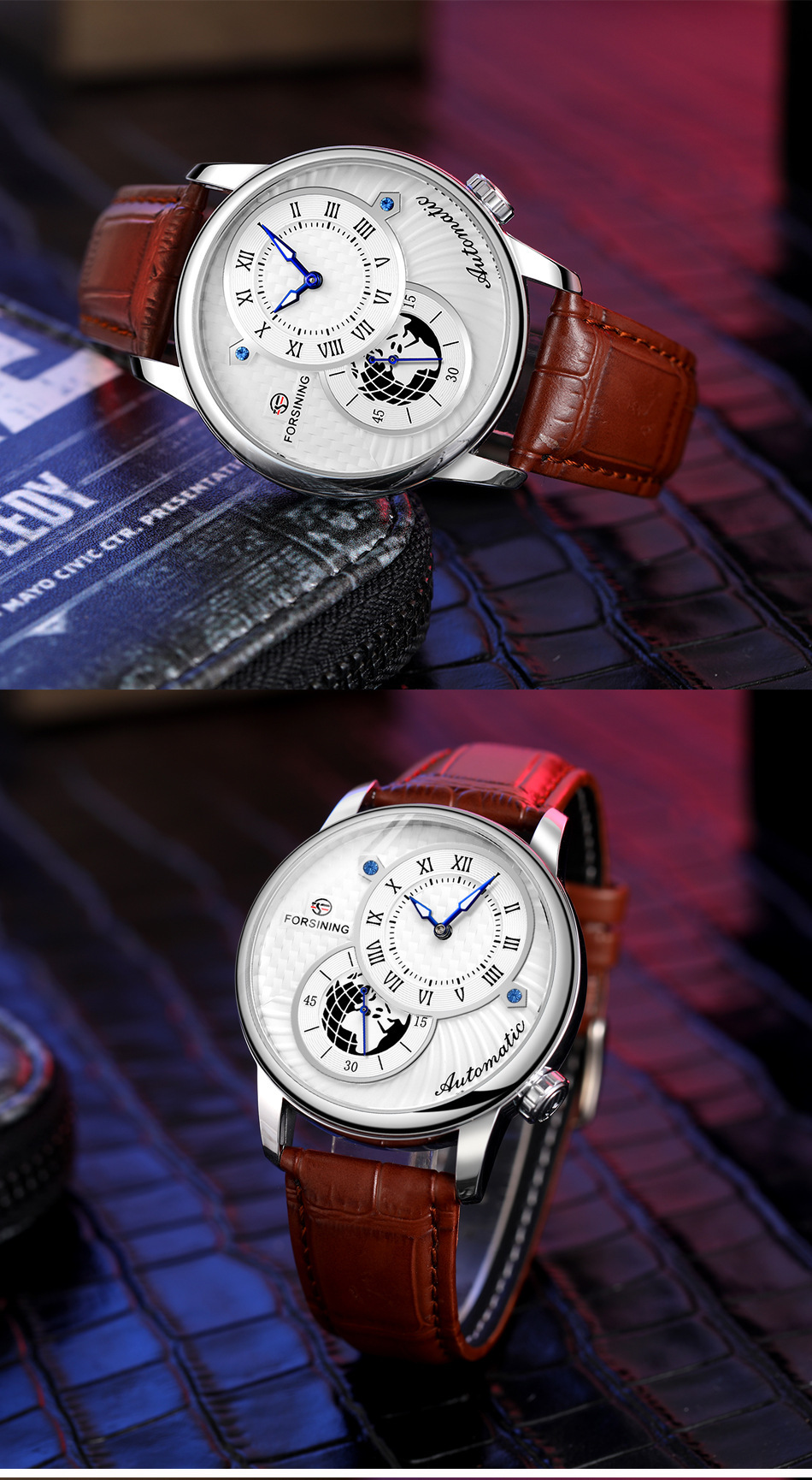 Men's Mechanical Watch With Earth Pattern And Leather Steel Strap_voghion.com