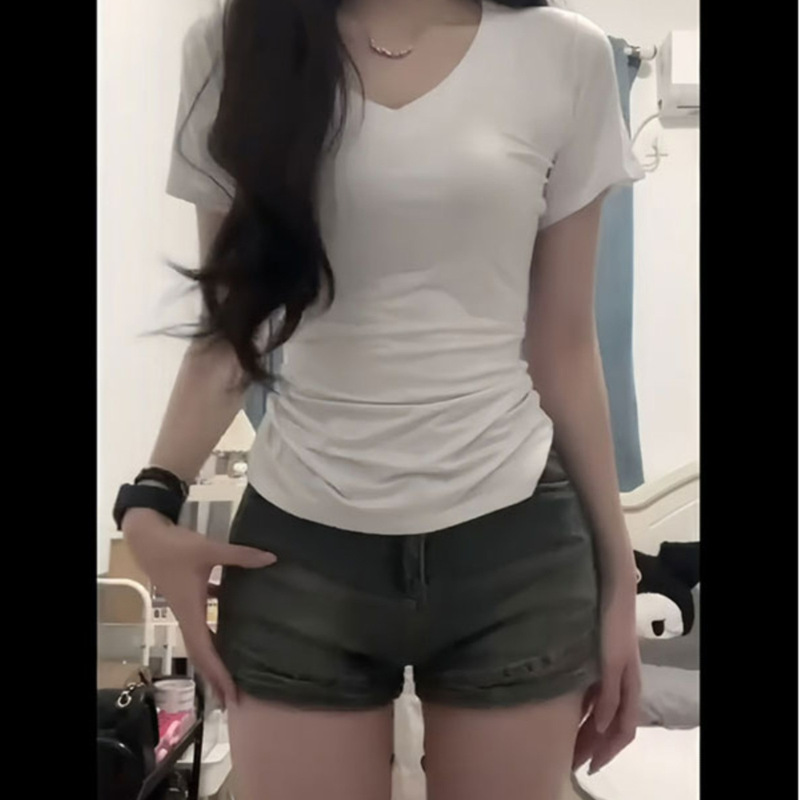 Tight Waist Shoulder V-Neck Short-Sleeved Slim-Fit Slimming T-Shirt Summer 2024 New Style Pure Style Spice Girls Sexy Niche Top