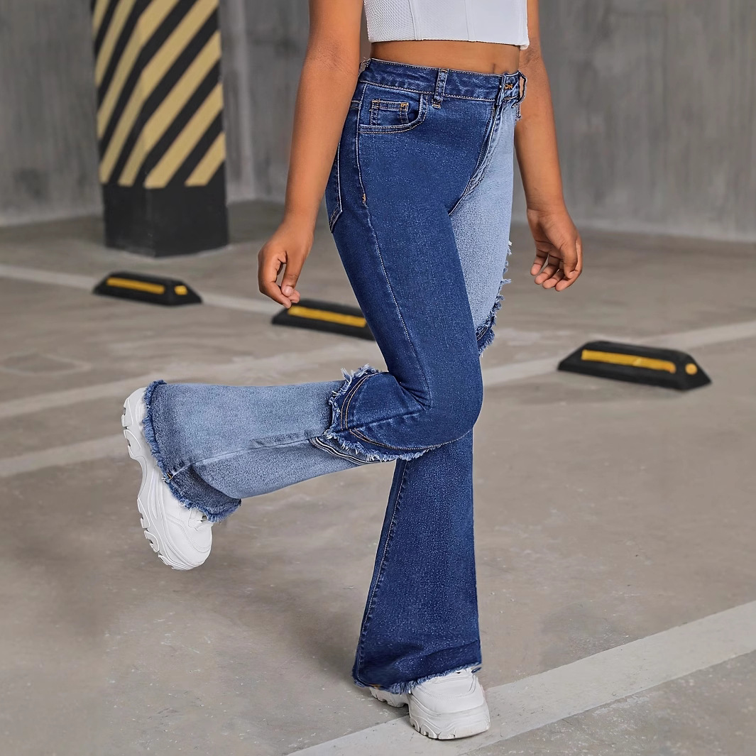 跨境专供欧美亚马逊青少年女孩时尚拼接弹力喇叭牛仔裤高腰设计