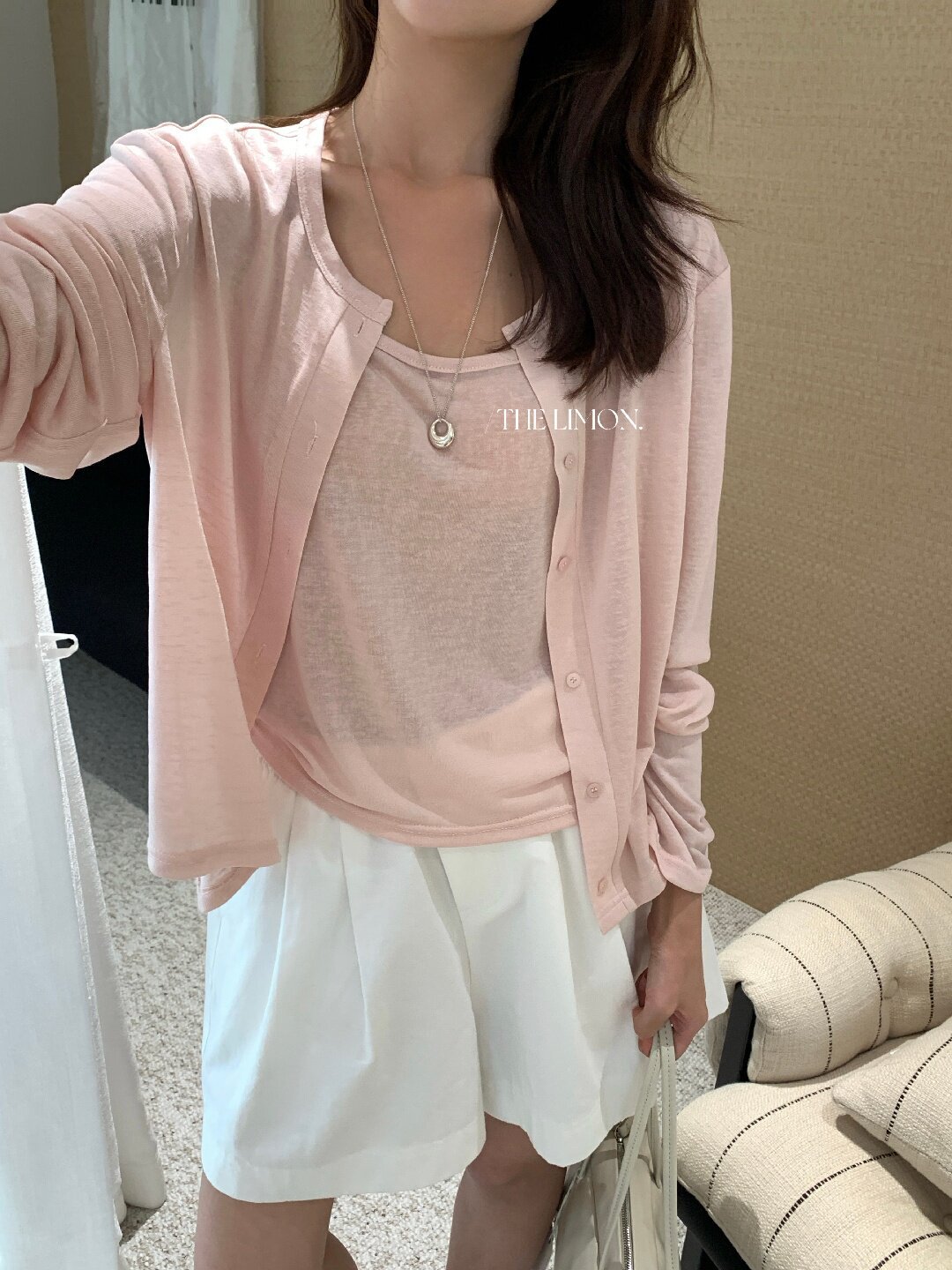 Bộ cardigan len mỏng kèm áo hai dây hai mảnh nữ mùa hè — Xám cacbon, xanh lam, màu hồng, Đậu xanh chi tiết 92