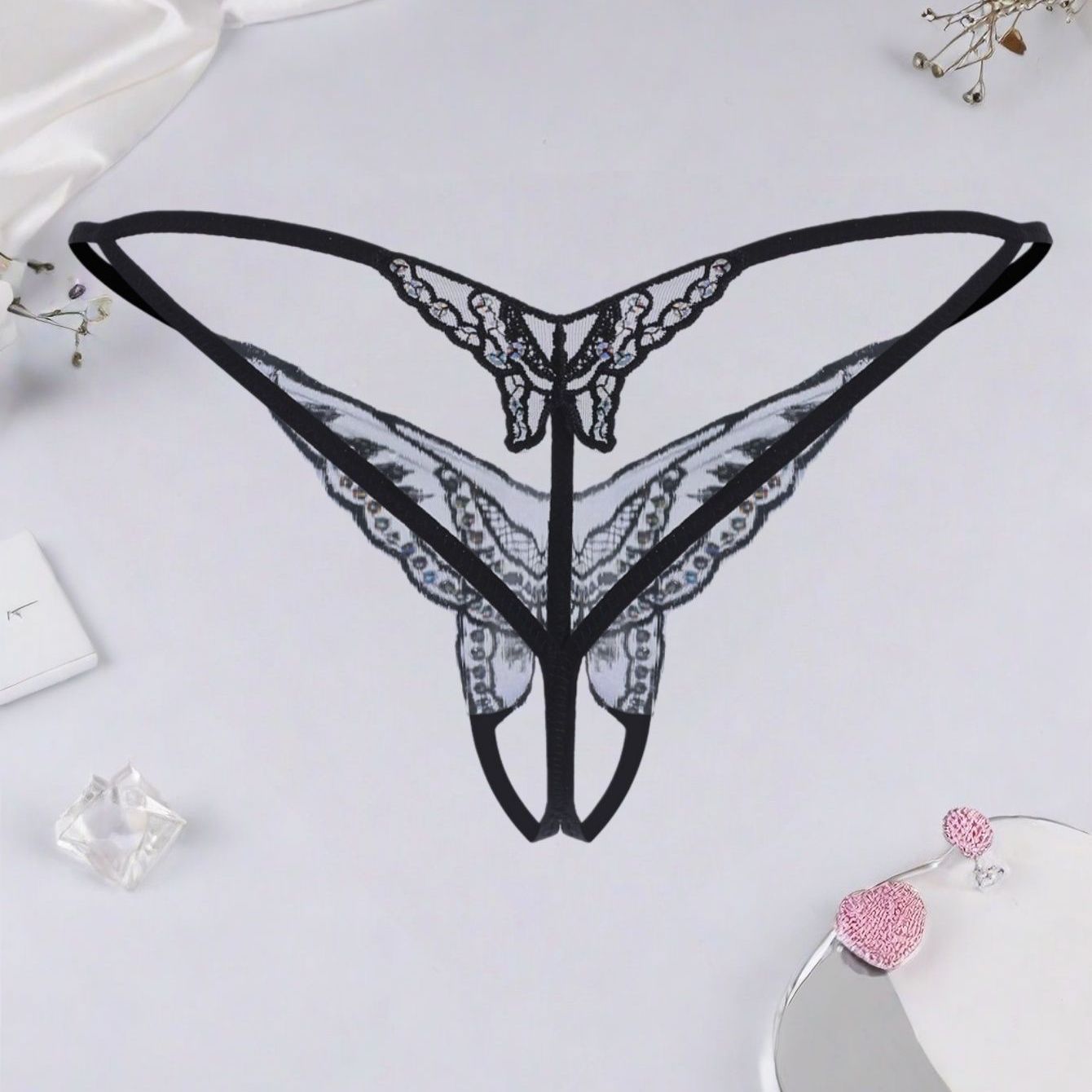 Más tamaño ropa interior sexy Lencería lentejuelas bordado entrepierna abierta Tanga mujeres sexy transparente T pantalones fuente fábrica