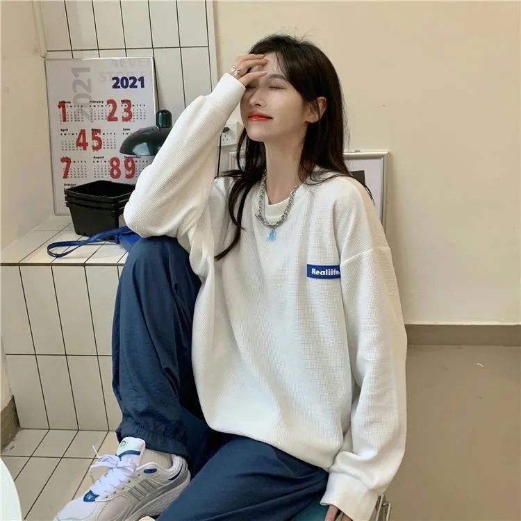 Women's Waffle Sweatshirt, Spring/Autumn 2026 New Style, Loose Fit, Mid-Length, Slimming Long-Sleeved Pullover Jacket