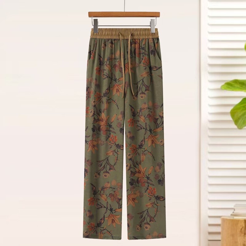 2026 New Women's Summer Thin Satin Printed Straight-Leg Pants for Middle-Aged and Elderly, Versatile Slimming Long Pants, Women's Wide-Leg Pants