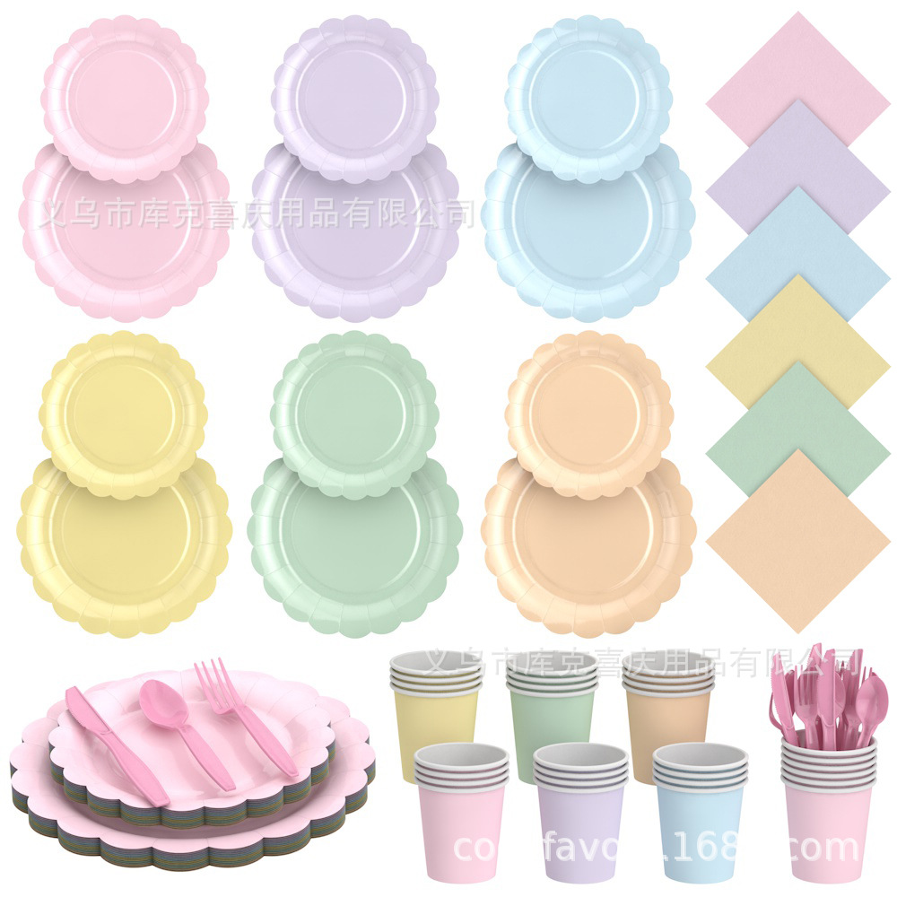 Nuevo macarón de encaje de color fiesta bandeja de papel de cumpleaños de color sólido bandeja de papel desechable tazas de papel toallas de papel set de cubiertos