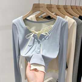 假两件蝴蝶结圆领打底衫女内搭春秋2025新款小衫短款上衣长袖t恤