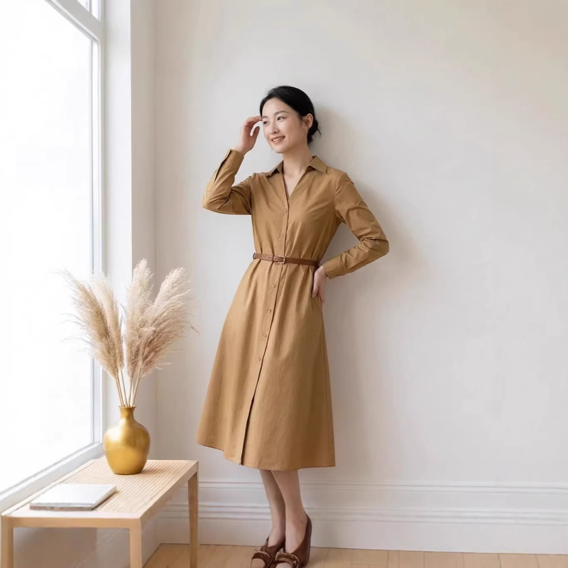 Simple and Elegant Brown Long-Sleeved Shirt Dress, Summer New Style, Mid-Length Fashionable Belt Dress for Women