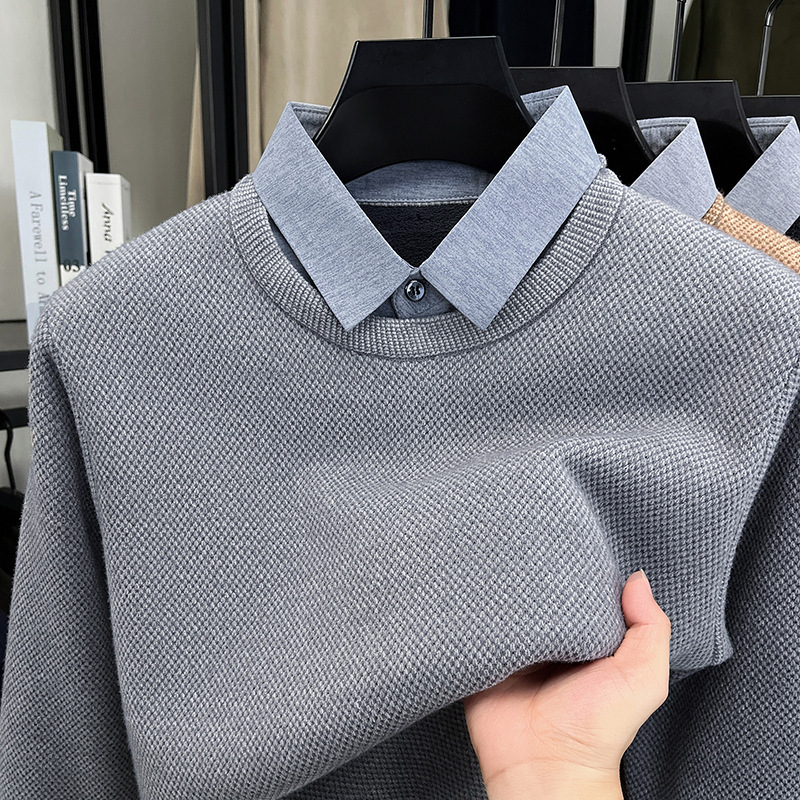 2026 Autumn/Winter Season Middle-Aged and Elderly Men's Faux Two-Piece Long-Sleeve Sweater with Fleece Lining and Thickened Dad's Base Layer Top for Men 2026 Autumn/Winter Season Middle-Aged and Elderly Men's Faux Two-Piece Long-Sleeve Sweater with Fleece Lining and Thickened Dad's Base Layer Top for Men